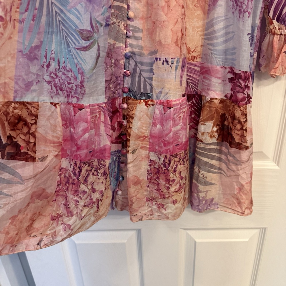 Johnny Was Silk Blend Dress MED Mini Pink Floral Semi-sheer Ruffle Patchwork EUC - Picture 7 of 16